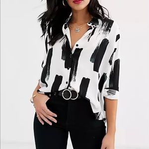 ASOS DESIGN cropped long sleeve soft shirt in brush stroke print